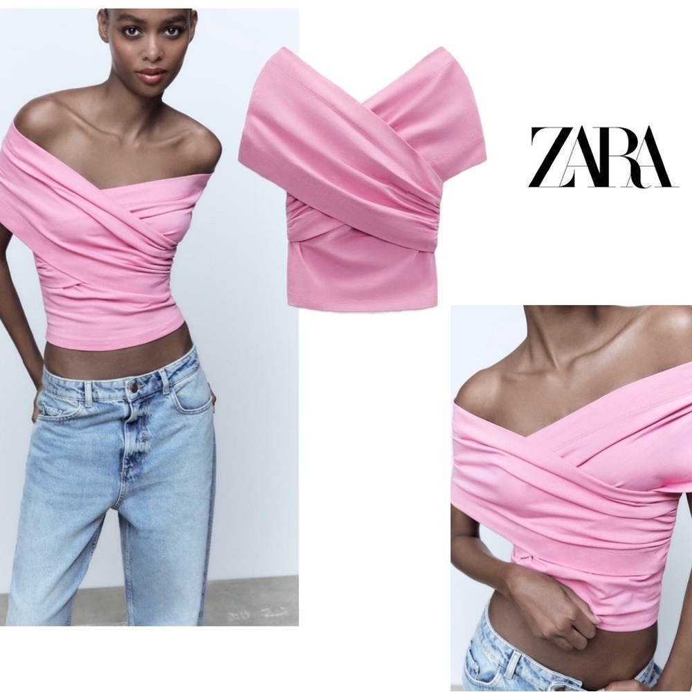Zara Surplice off the shoulder wrap Top in Pink NWOT